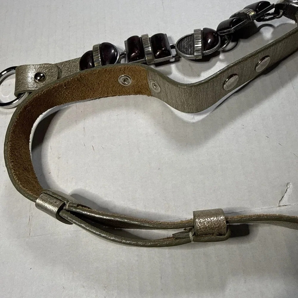 Vintage Chico's Metallic Silver Leather Geometric Cabochons Chain Hip Belt S/M